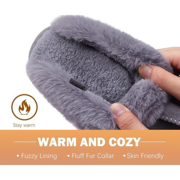 🆕Women Dark Grey Suede Fluff Dual Memory Foam Arch Support Warm Scuff Slipper - Picture 7 of 9